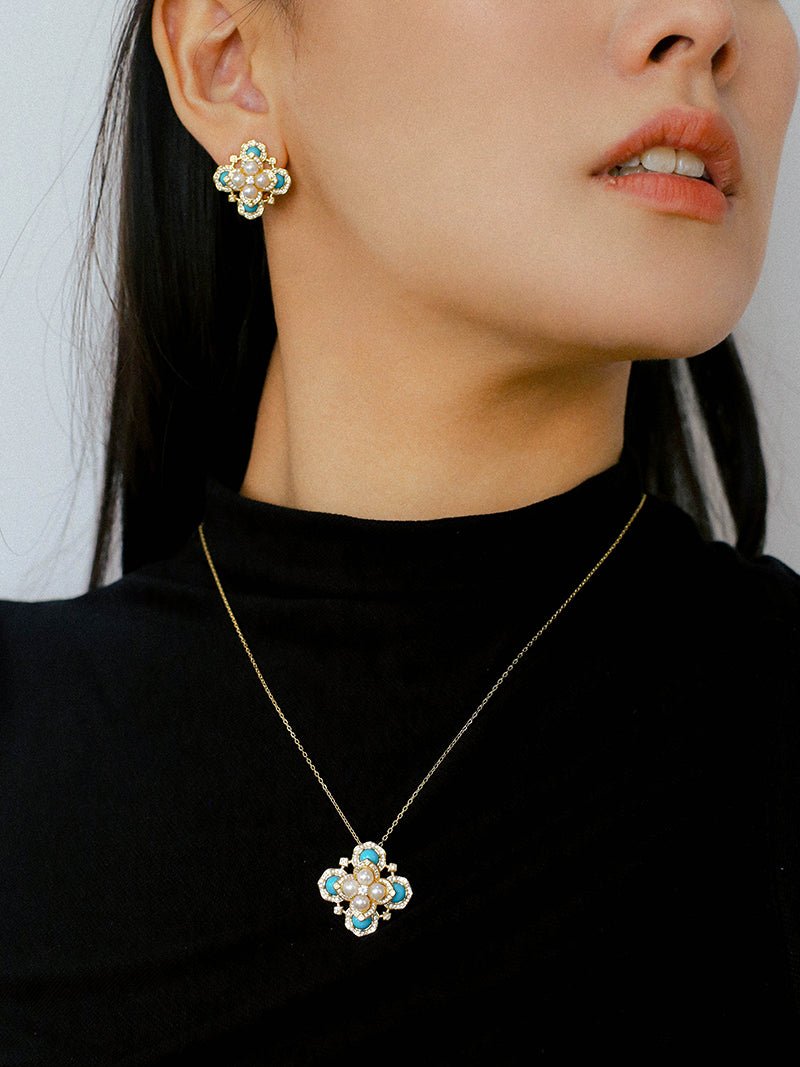 Retro Turquoise Clover Pearl Studs - floysun