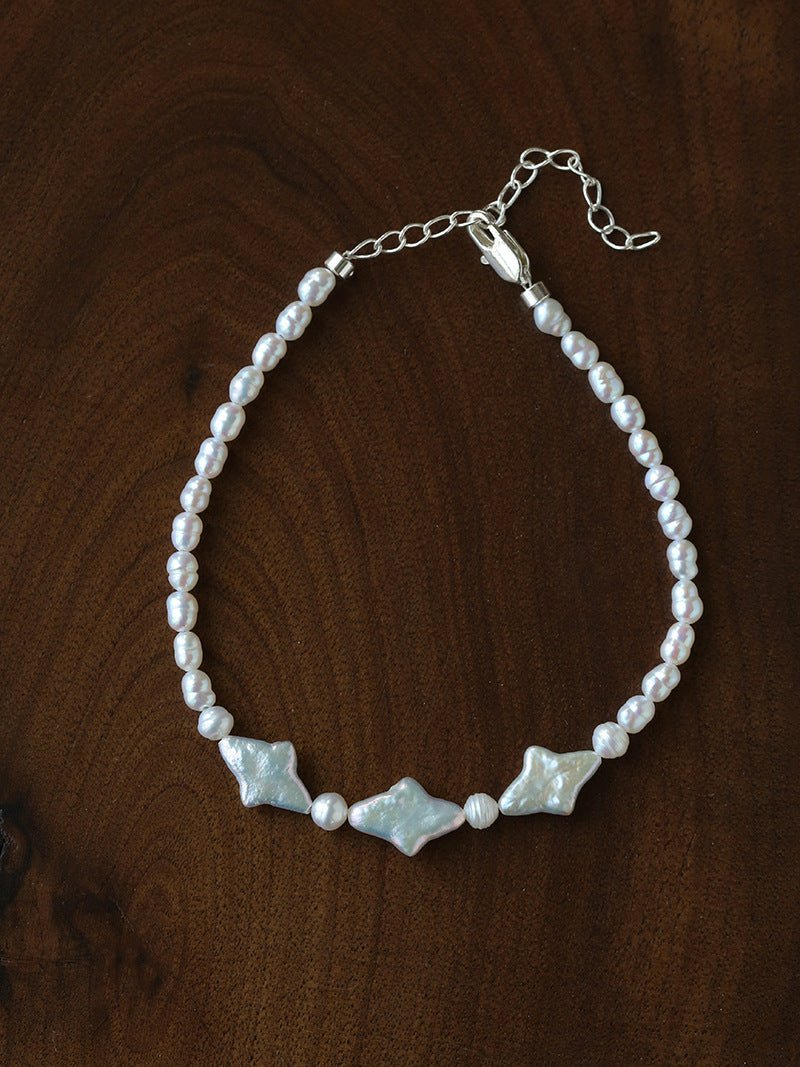 Romantic Baroque Star Pearl Bracelet - Dainty Hand - Strung Celestial Charm Bangle - floysun