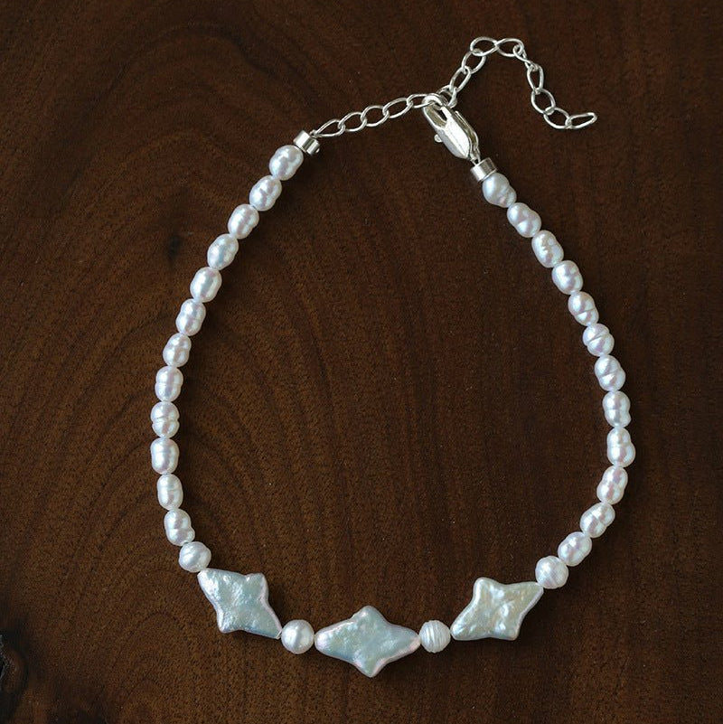 Romantic Baroque Star Pearl Bracelet - Dainty Hand - Strung Celestial Charm Bangle - floysun