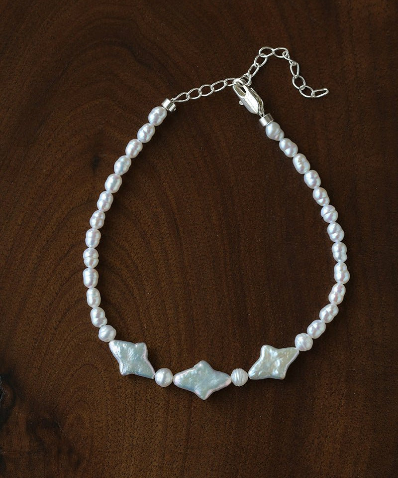 Romantic Baroque Star Pearl Bracelet - Dainty Hand - Strung Celestial Charm Bangle - floysun
