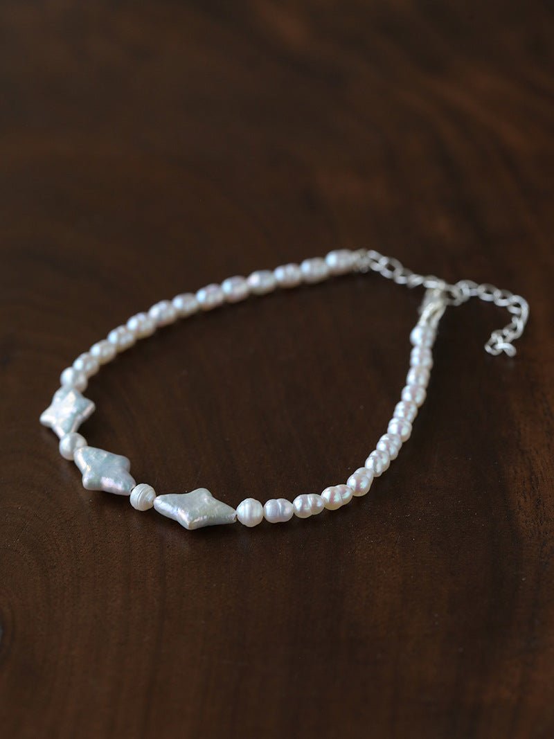 Romantic Baroque Star Pearl Bracelet - Dainty Hand - Strung Celestial Charm Bangle - floysun