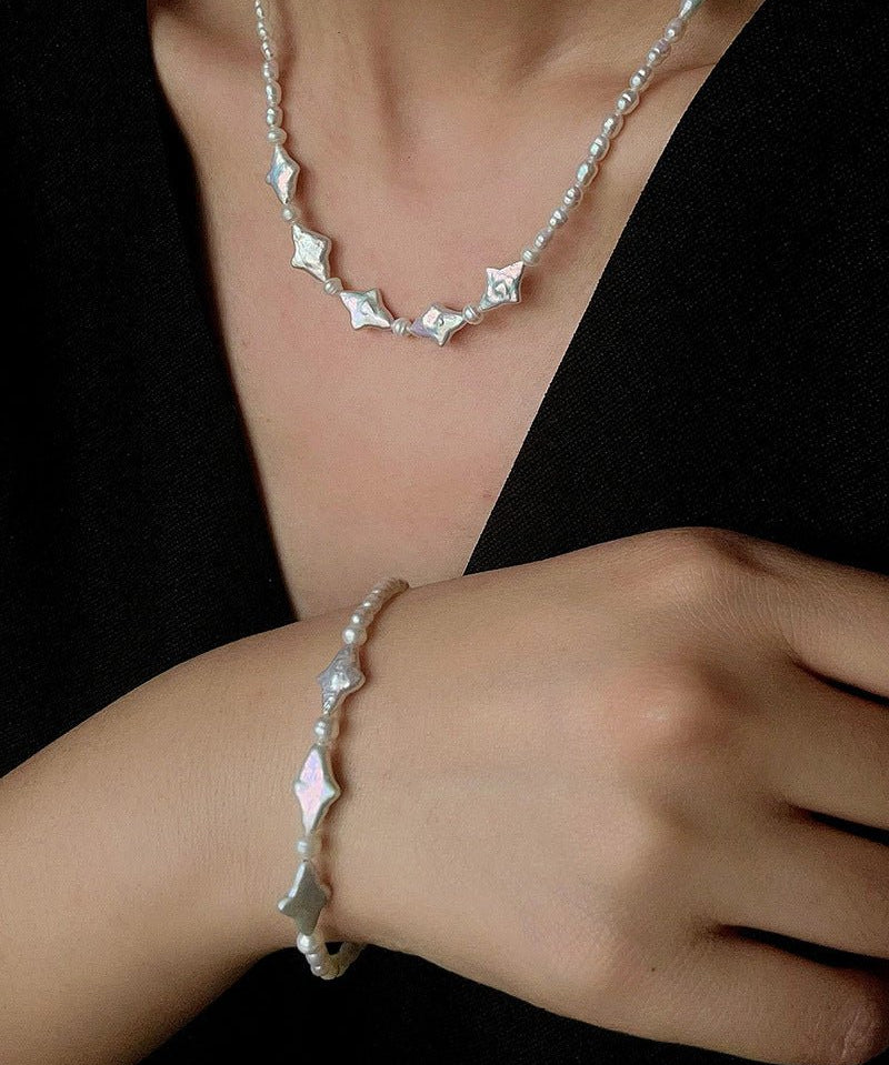 Romantic Baroque Star Pearl Bracelet - Dainty Hand - Strung Celestial Charm Bangle - floysun