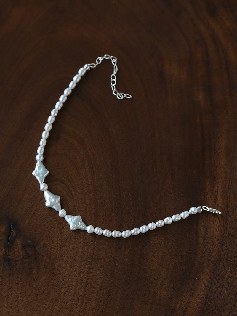 Romantic Baroque Star Pearl Bracelet - Dainty Hand - Strung Celestial Charm Bangle - floysun