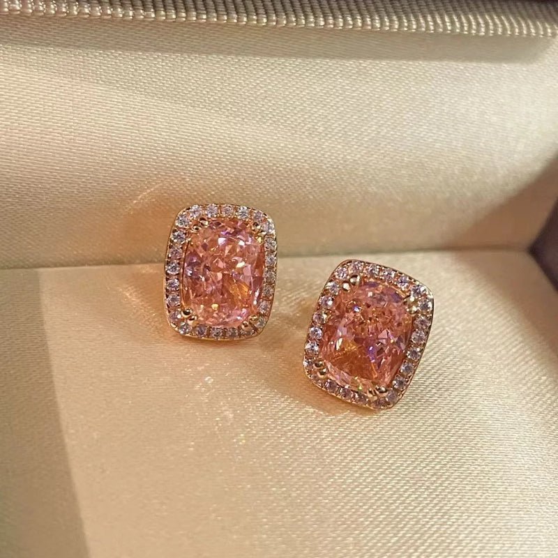 Romantic Cushion Cut Synthetic Pink Diamond Sugar Cube Stud Earrings - floysun