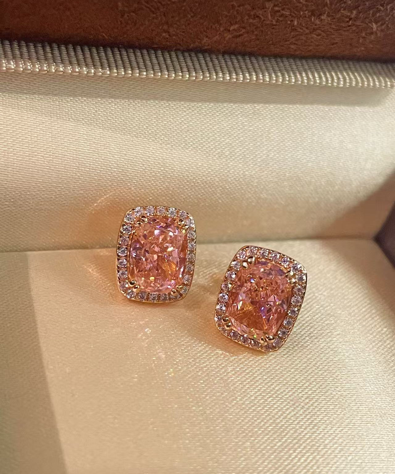 Romantic Cushion Cut Synthetic Pink Diamond Sugar Cube Stud Earrings - floysun