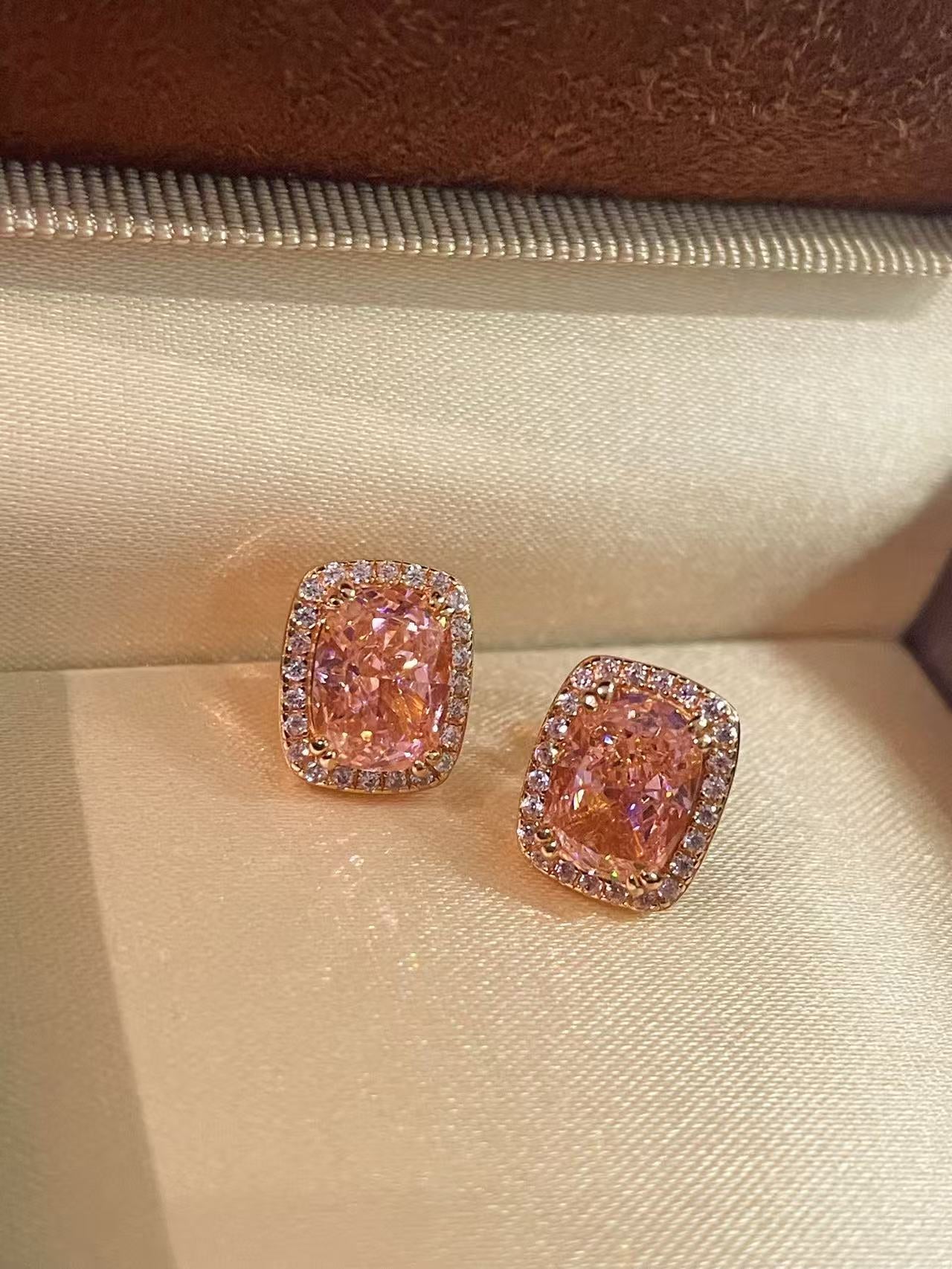 Romantic Cushion Cut Synthetic Pink Diamond Sugar Cube Stud Earrings - floysun