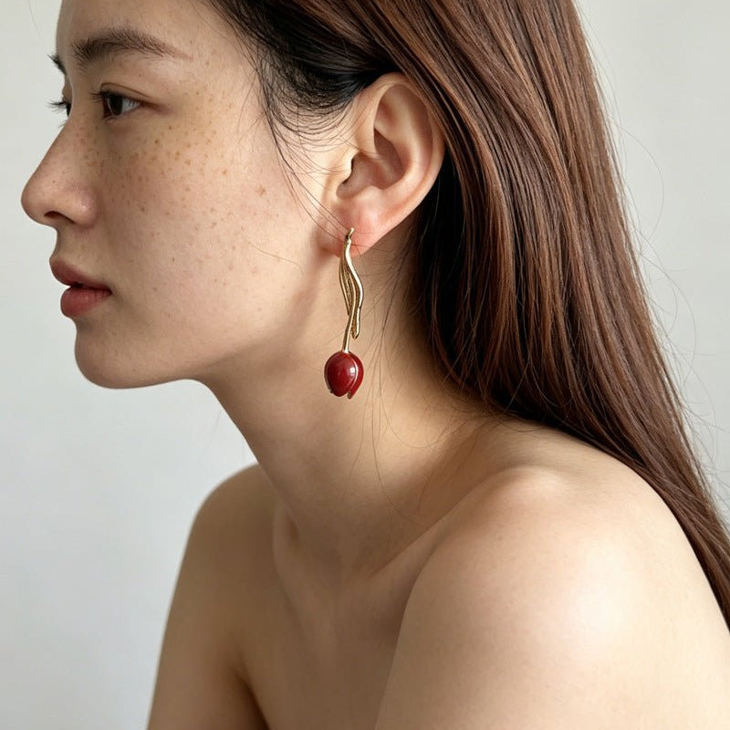 Romantic Enamel Tulip Drop Earrings - Vintage 18K Gold Floral Dangle Studs - floysun