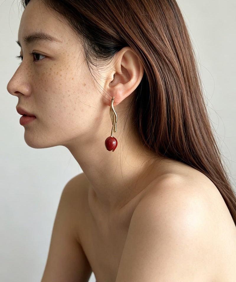 Romantic Enamel Tulip Drop Earrings - Vintage 18K Gold Floral Dangle Studs - floysun