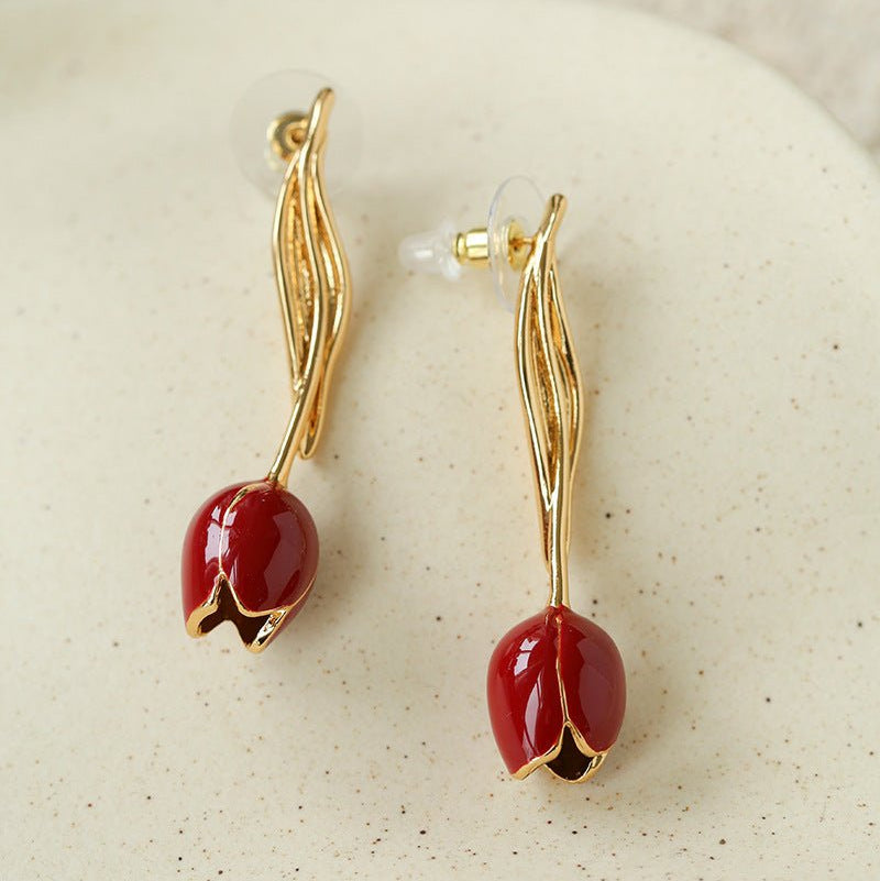 Romantic Enamel Tulip Drop Earrings - Vintage 18K Gold Floral Dangle Studs - floysun