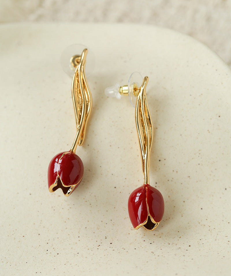 Romantic Enamel Tulip Drop Earrings - Vintage 18K Gold Floral Dangle Studs - floysun
