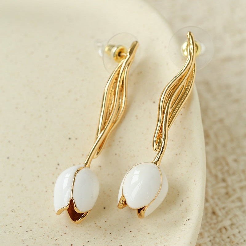 Romantic Enamel Tulip Drop Earrings - Vintage 18K Gold Floral Dangle Studs - floysun