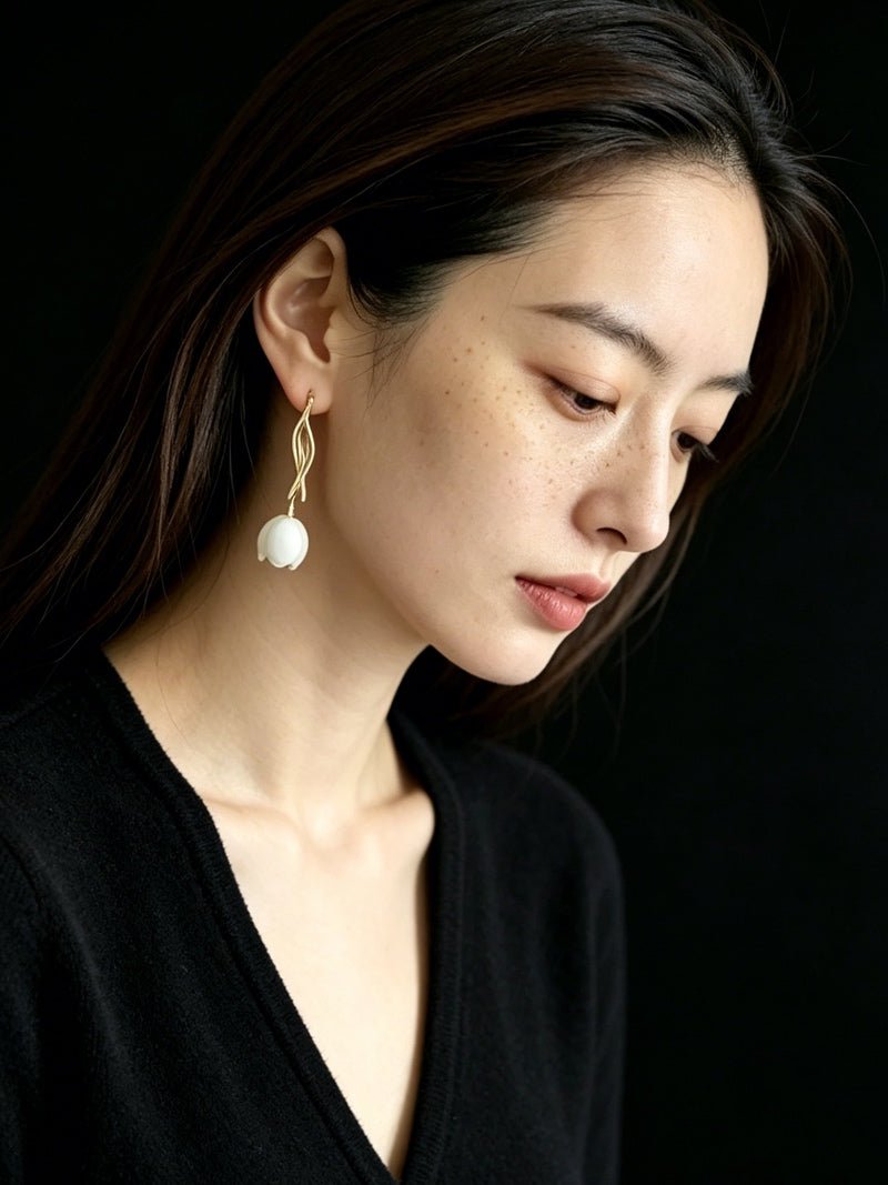 Romantic Enamel Tulip Drop Earrings - Vintage 18K Gold Floral Dangle Studs - floysun