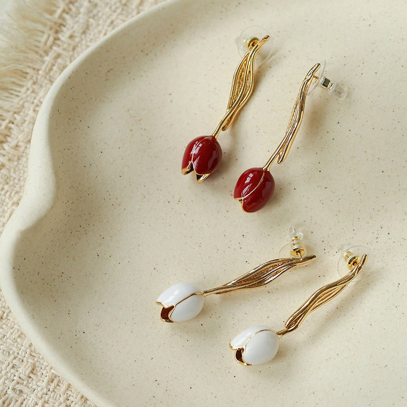 Romantic Enamel Tulip Drop Earrings - Vintage 18K Gold Floral Dangle Studs - floysun