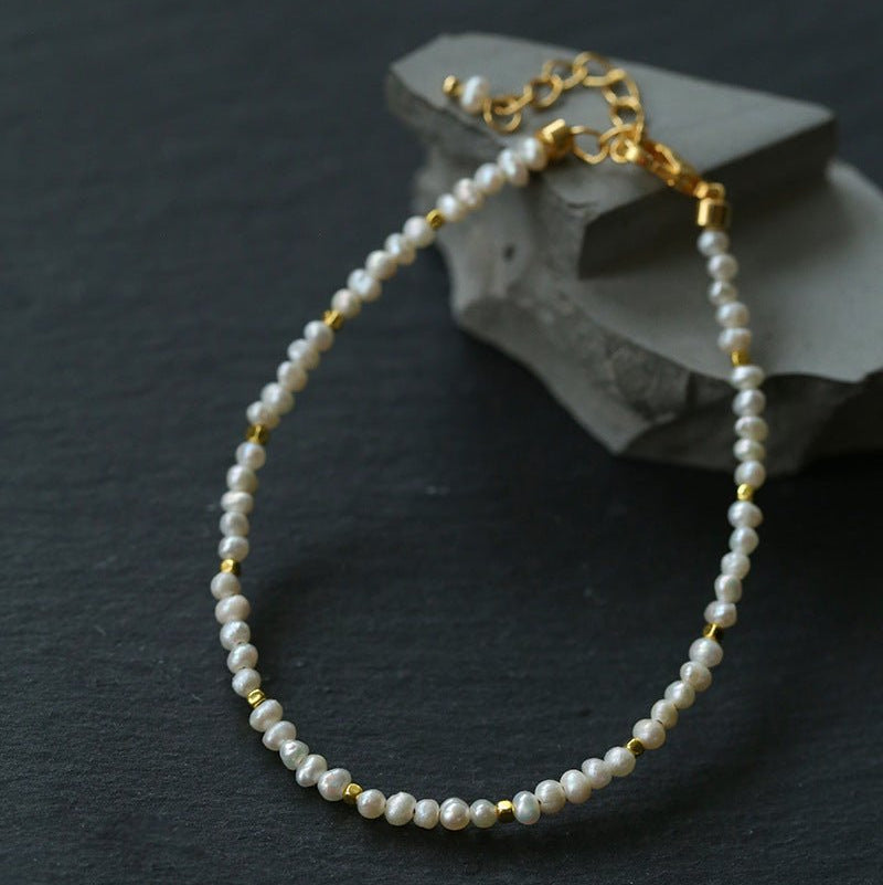 Romantic Micro Pearl Beaded Bracelet - Delicate 18K Gold Faceted Chain Bangle - floysun