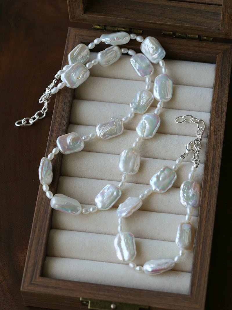 Romantic Square Baroque Pearl Bracelet - Dainty Hand - Strung Iridescent Luster Bangle - floysun