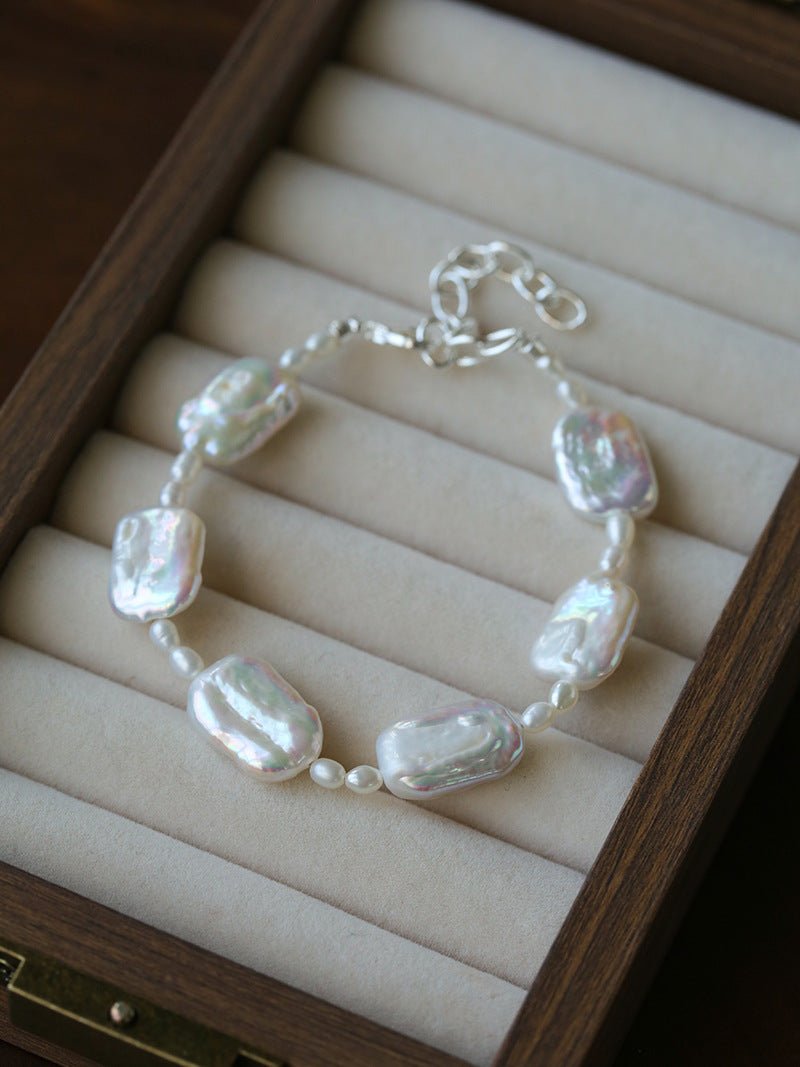Romantic Square Baroque Pearl Bracelet - Dainty Hand - Strung Iridescent Luster Bangle - floysun