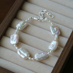Romantic Square Baroque Pearl Bracelet - Dainty Hand - Strung Iridescent Luster Bangle - floysun