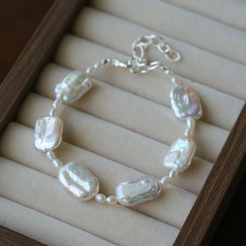 Romantic Square Baroque Pearl Bracelet - Dainty Hand - Strung Iridescent Luster Bangle - floysun