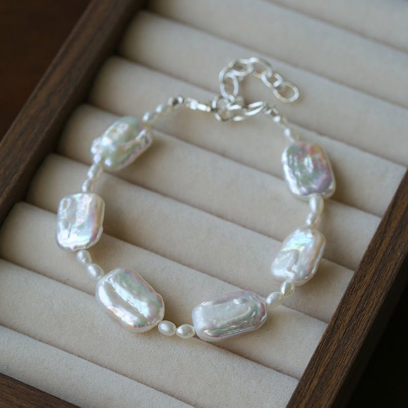 Romantic Square Baroque Pearl Bracelet - Dainty Hand - Strung Iridescent Luster Bangle - floysun