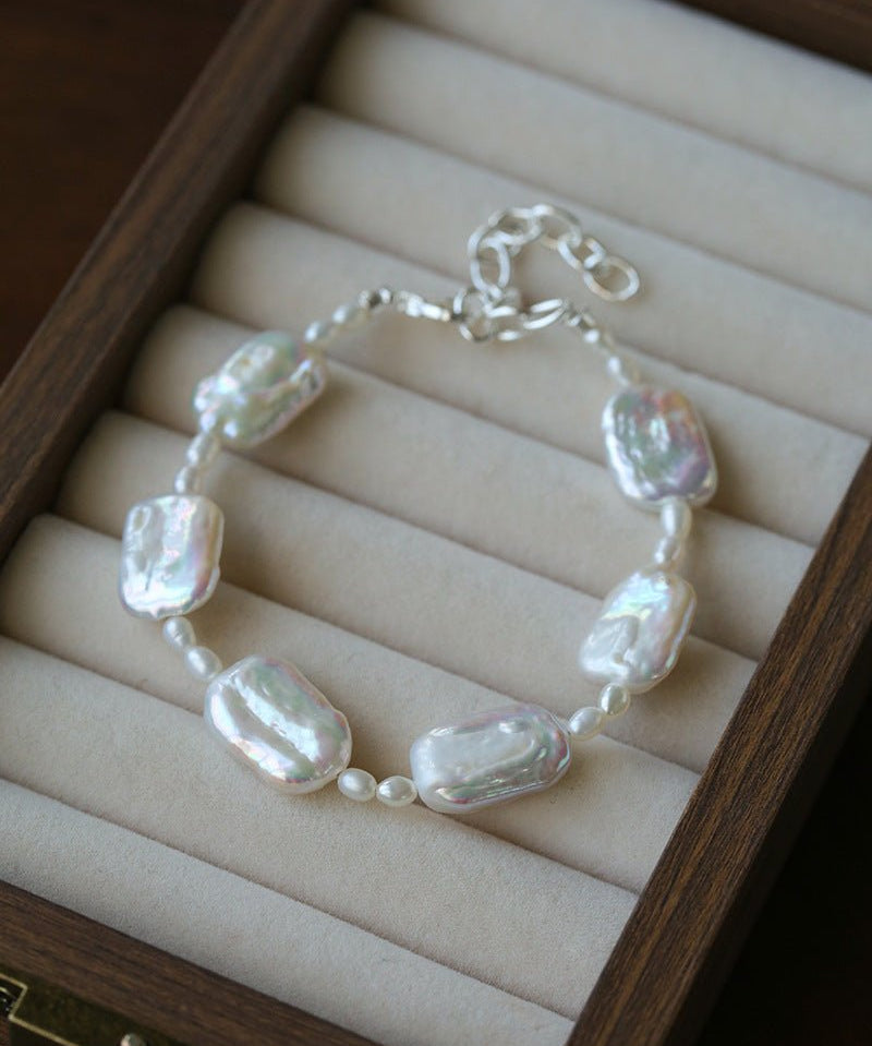 Romantic Square Baroque Pearl Bracelet - Dainty Hand - Strung Iridescent Luster Bangle - floysun