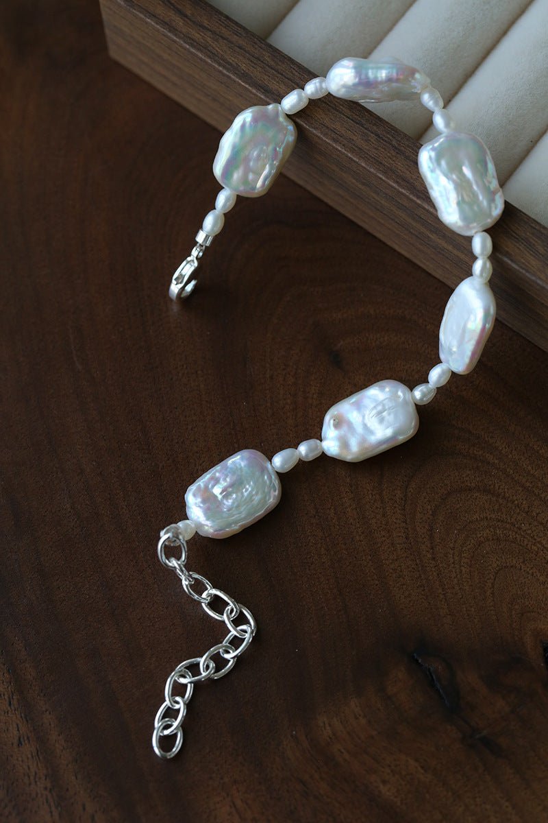 Romantic Square Baroque Pearl Bracelet - Dainty Hand - Strung Iridescent Luster Bangle - floysun