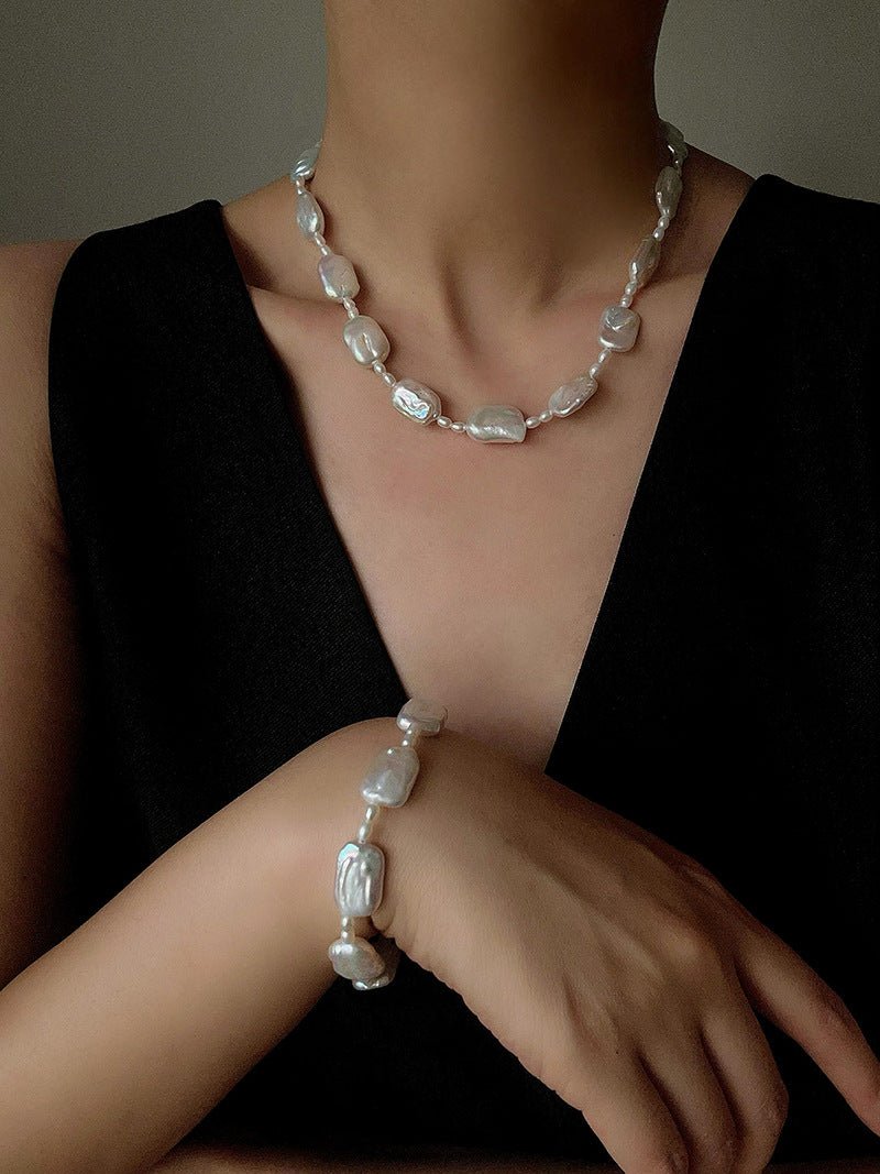 Romantic Square Baroque Pearl Bracelet - Dainty Hand - Strung Iridescent Luster Bangle - floysun