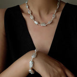 Romantic Square Baroque Pearl Bracelet - Dainty Hand - Strung Iridescent Luster Bangle - floysun