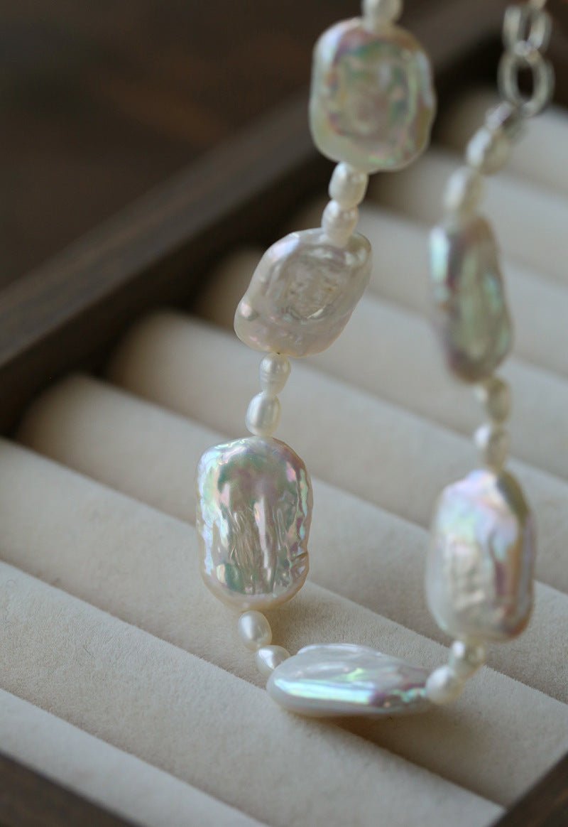 Romantic Square Baroque Pearl Bracelet - Dainty Hand - Strung Iridescent Luster Bangle - floysun