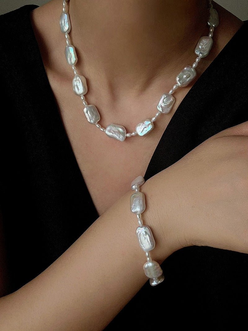 Romantic Square Baroque Pearl Bracelet - Dainty Hand - Strung Iridescent Luster Bangle - floysun