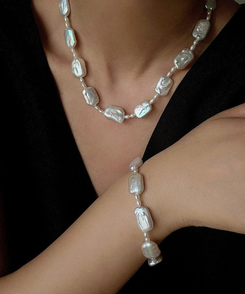 Romantic Square Baroque Pearl Bracelet - Dainty Hand - Strung Iridescent Luster Bangle - floysun