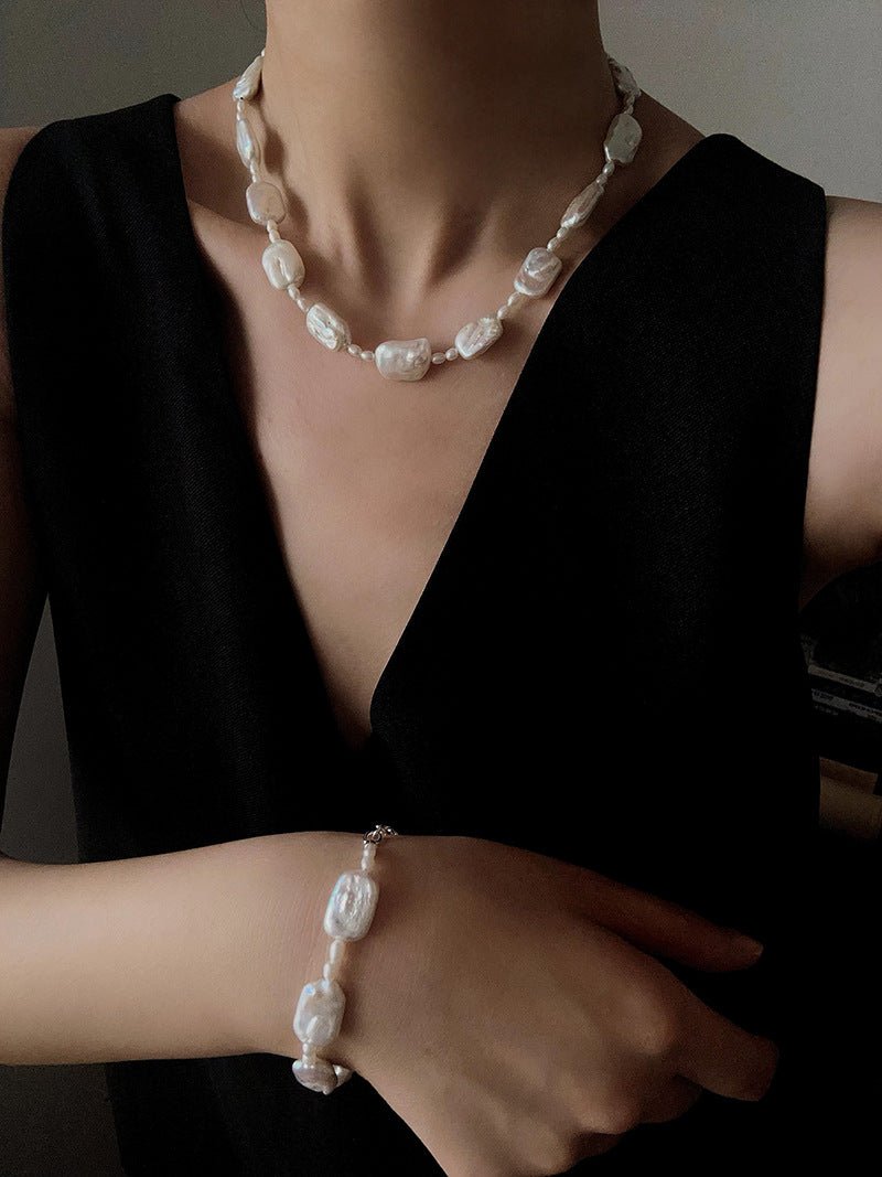 Romantic Square Baroque Pearl Bracelet - Dainty Hand - Strung Iridescent Luster Bangle - floysun
