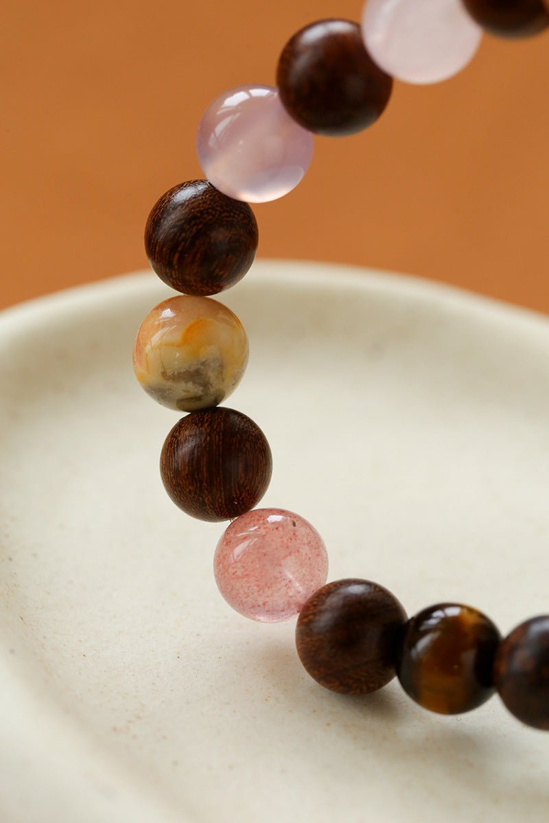 Rose Valley Strawberry Quartz & Wood Beaded Bracelet - floysun