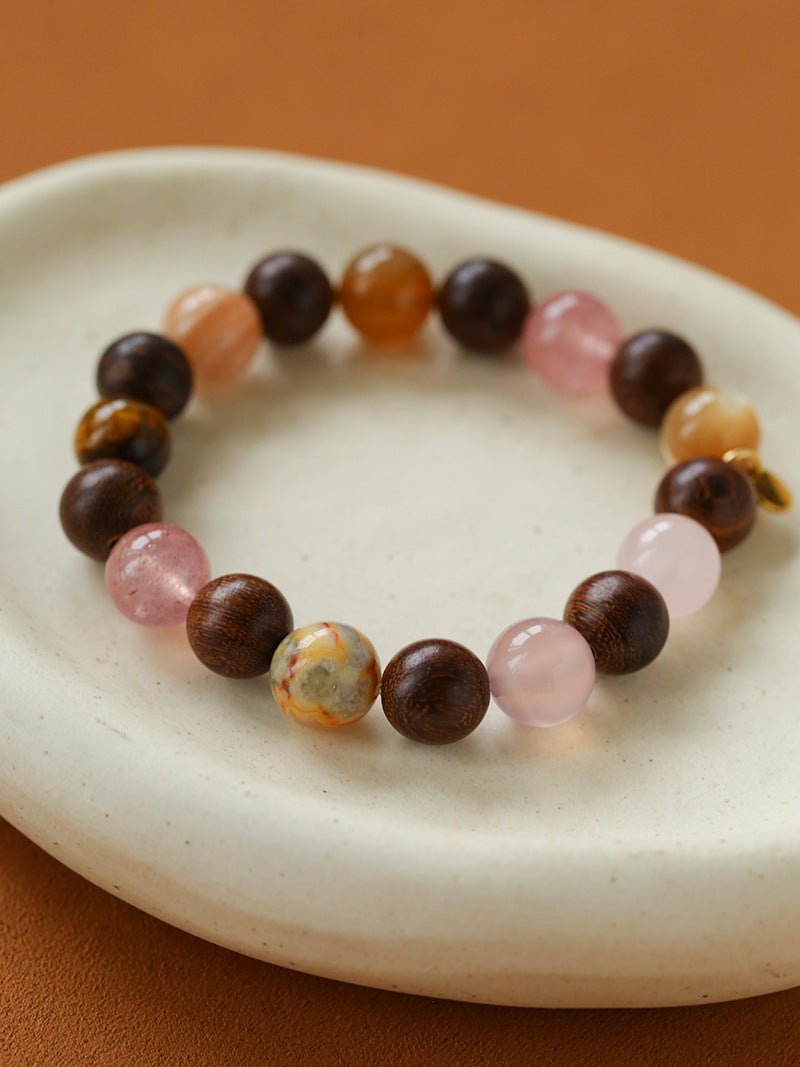 Rose Valley Strawberry Quartz & Wood Beaded Bracelet - floysun