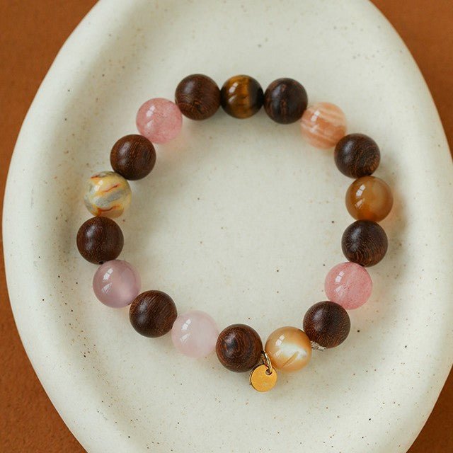Rose Valley Strawberry Quartz & Wood Beaded Bracelet - floysun