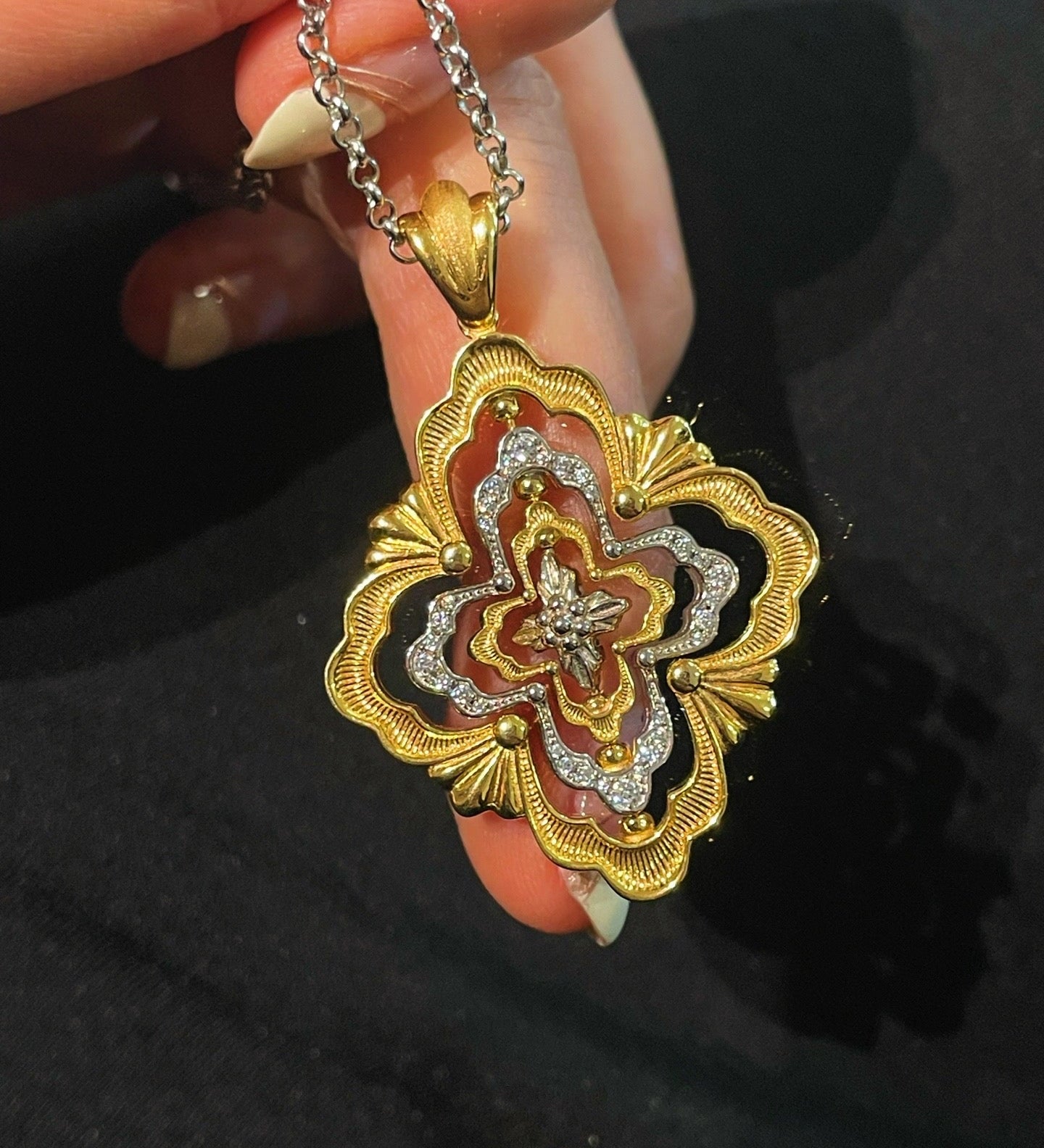 Rotating Four - Leaf Clover Necklace – Dual - Tone Gold & Silver with Pave Diamonds - floysun