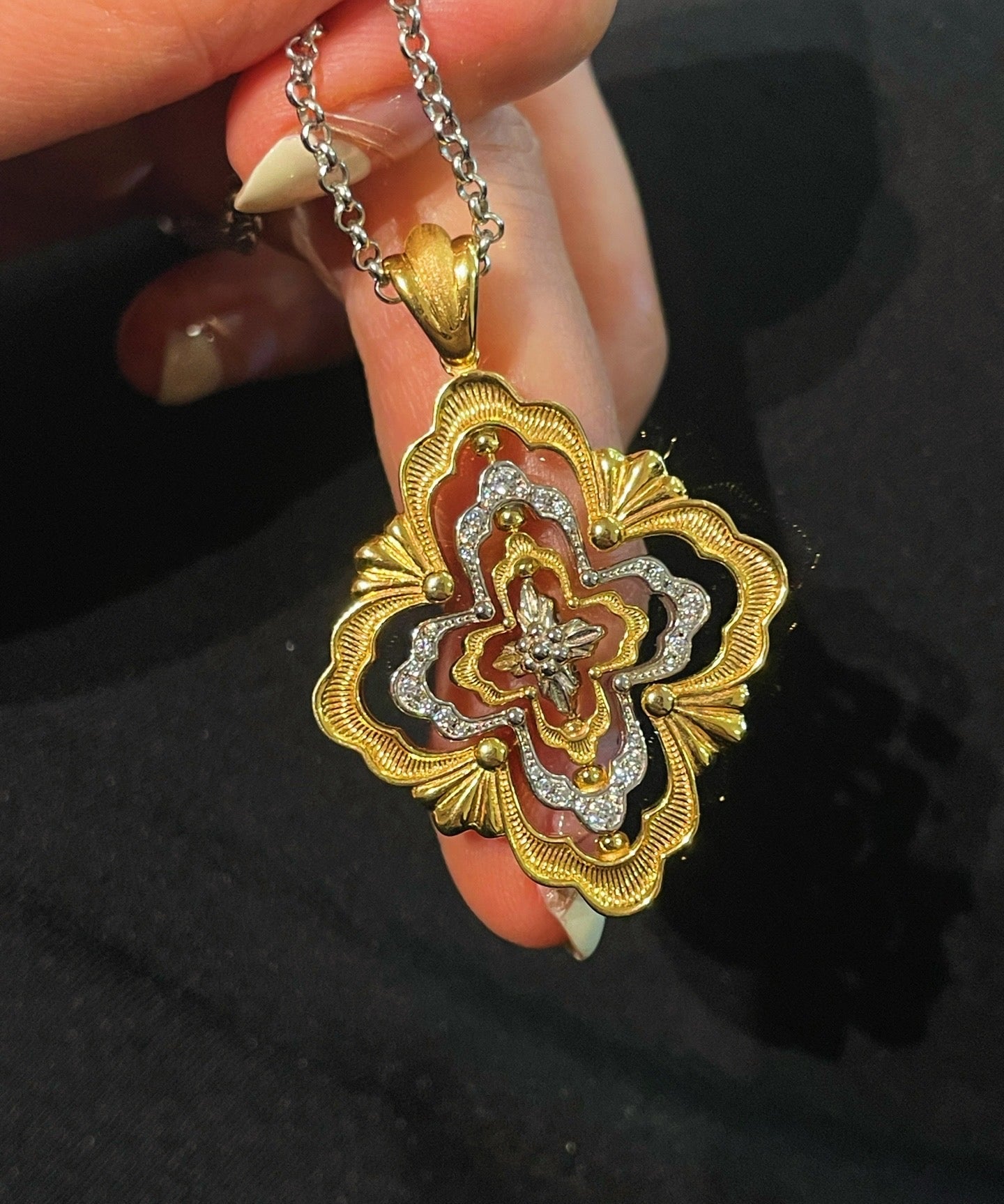 Rotating Four - Leaf Clover Necklace – Dual - Tone Gold & Silver with Pave Diamonds - floysun