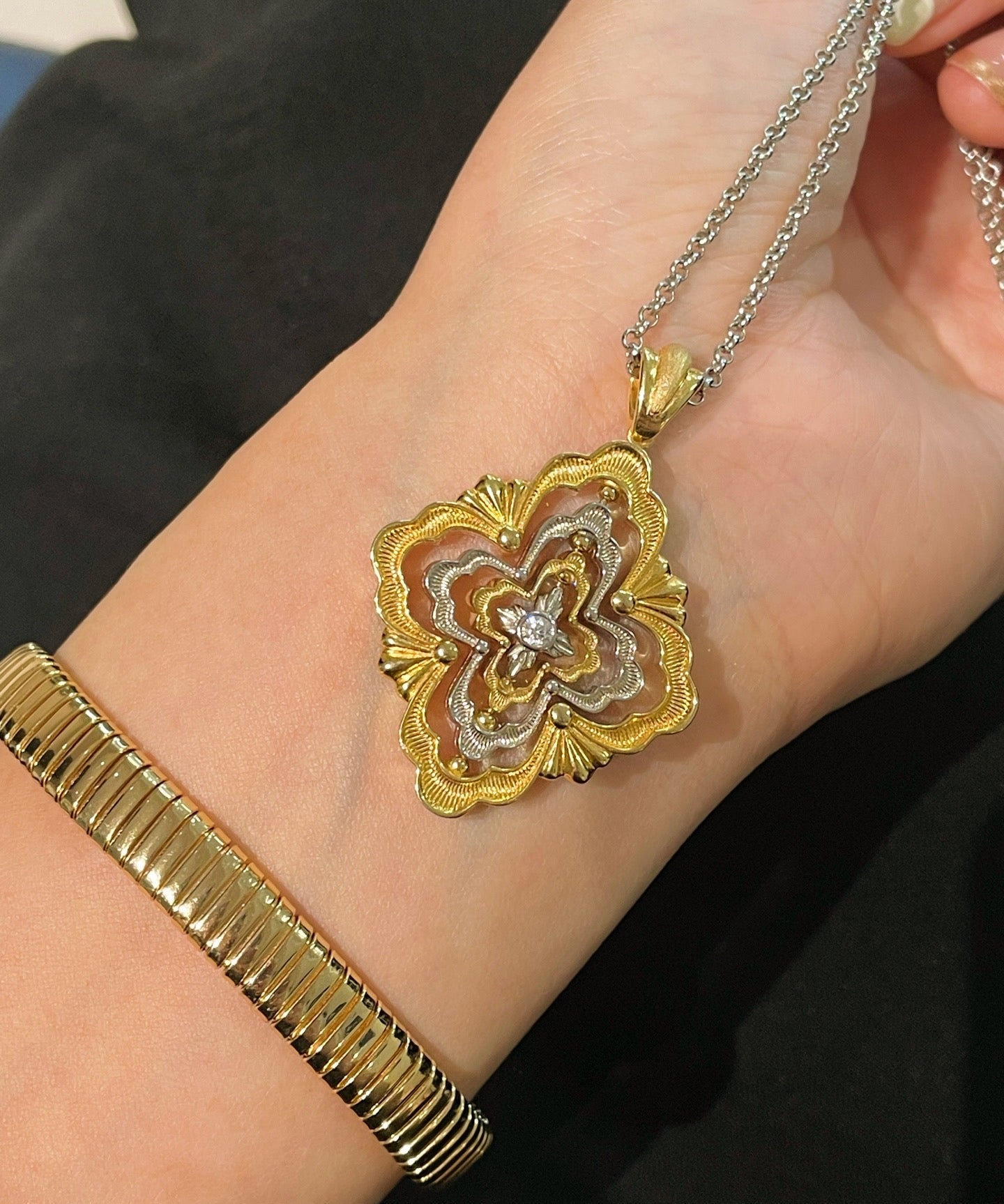 Rotating Four - Leaf Clover Necklace – Dual - Tone Gold & Silver with Pave Diamonds - floysun