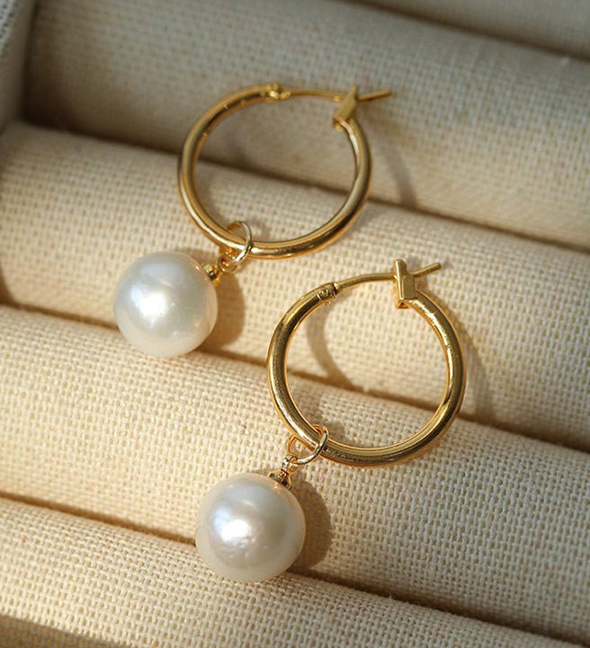 Round Baroque Pearl Drop Hoop Earrings - floysun