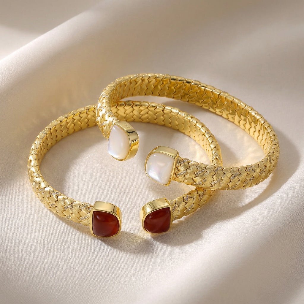 S925 Gold - Plated Woven Open Bangle - floysun
