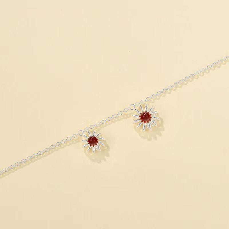 S925 Sterling Silver Daisy Red Agate Pendant Necklace - floysun