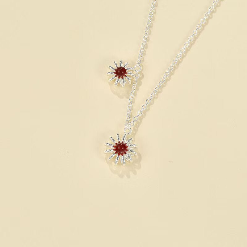 S925 Sterling Silver Daisy Red Agate Pendant Necklace - floysun