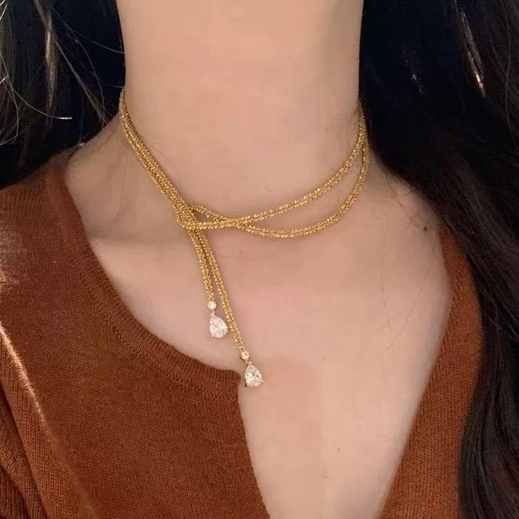 S925 Sterling Silver Vintage Italian Gold Thread Crystal Long Necklace - floysun