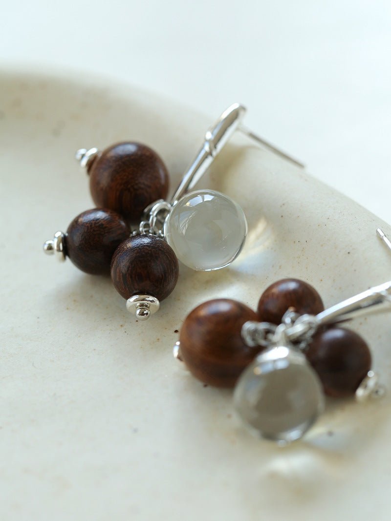 Sandalwood & Glass Bead Cluster Drop Earrings - floysun