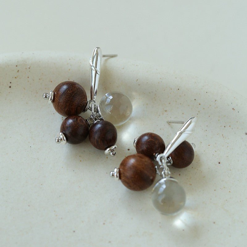 Sandalwood & Glass Bead Cluster Drop Earrings - floysun