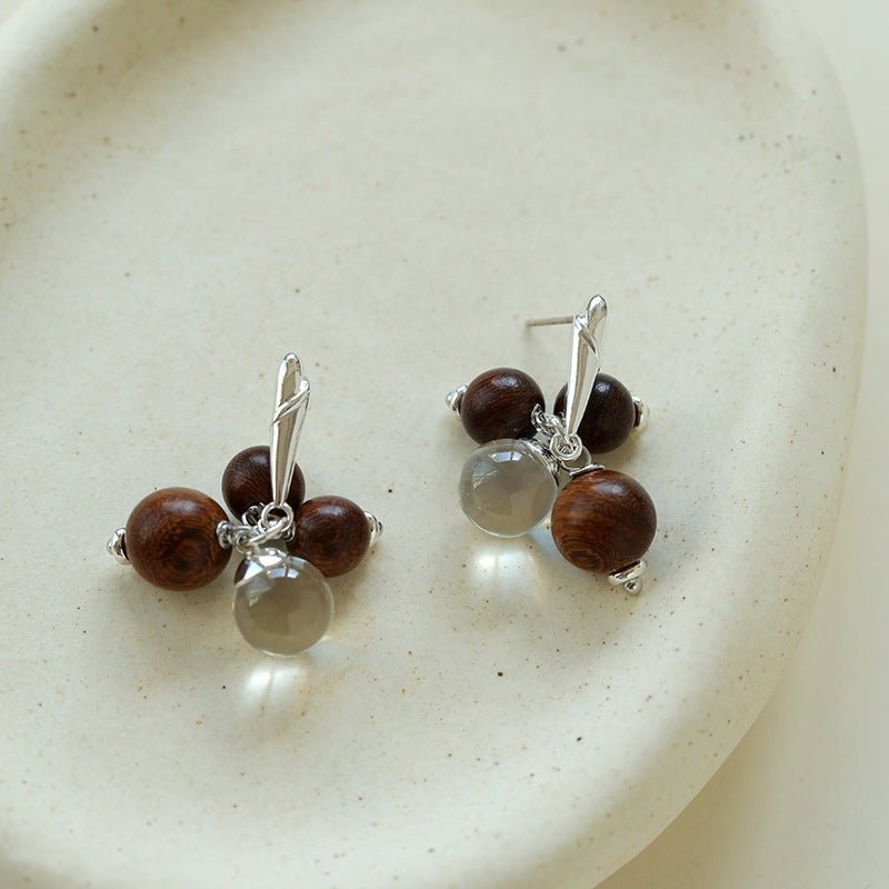 Sandalwood & Glass Bead Cluster Drop Earrings - floysun