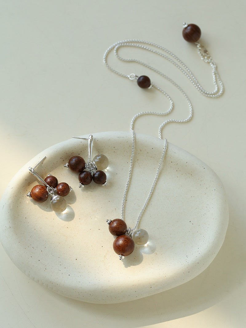 Sandalwood & Glass Bead Cluster Drop Earrings - floysun