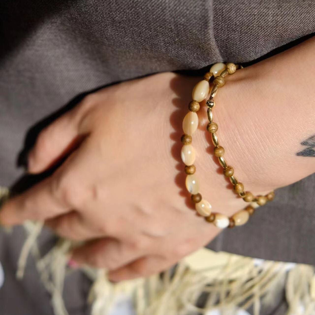 Sandwood Gold Bean Elastic Bead Bracelet Two - Piece Set - floysun