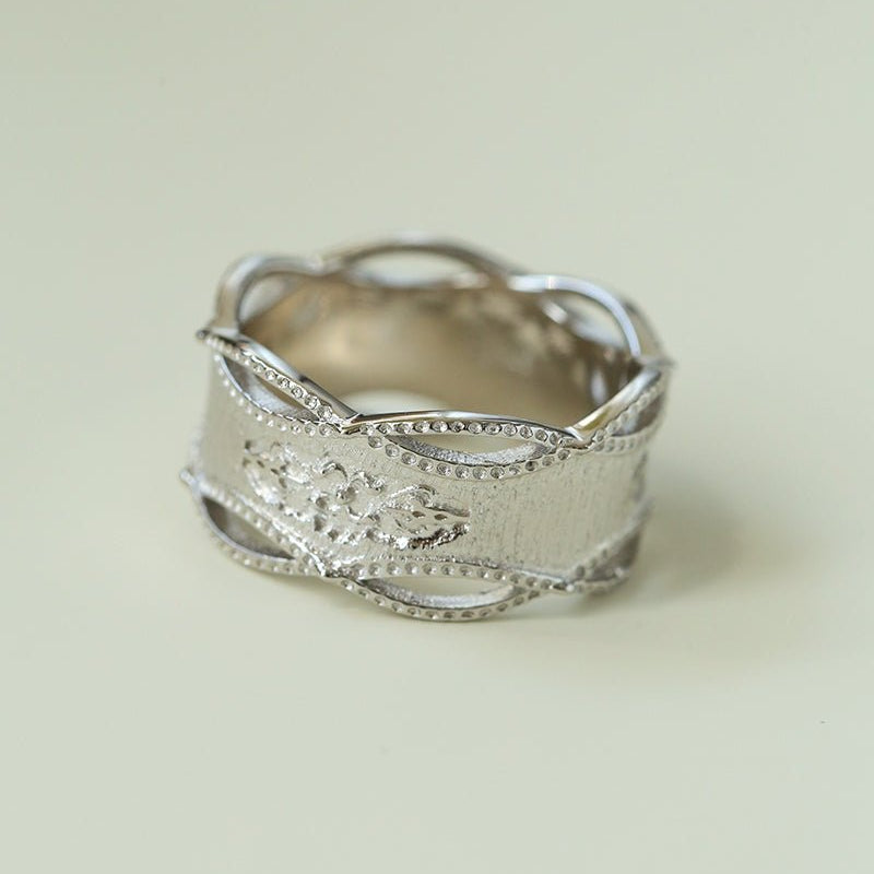 Satin Floral Wide Ring – Hollow Design in Brushed 925 Sterling Silver - floysun