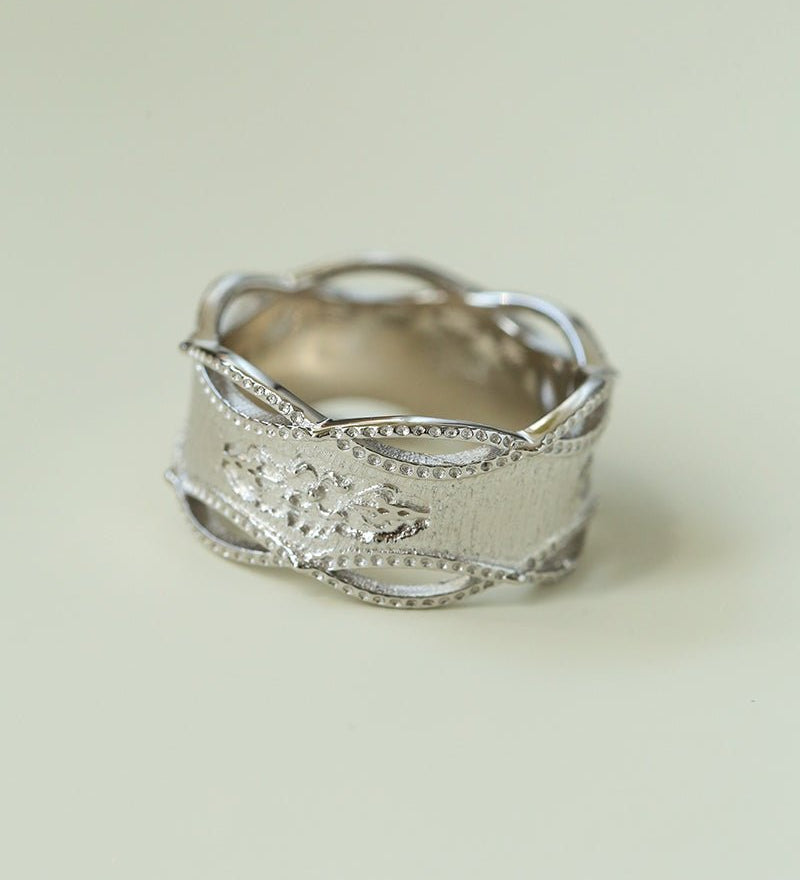 Satin Floral Wide Ring – Hollow Design in Brushed 925 Sterling Silver - floysun
