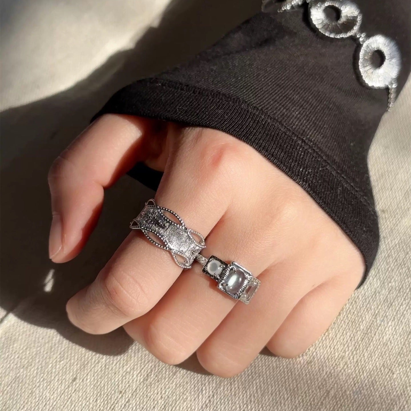 Satin Floral Wide Ring – Hollow Design in Brushed 925 Sterling Silver - floysun